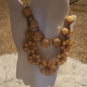 Gold Tan Floral Hexagon Necklace with Metallic Finish